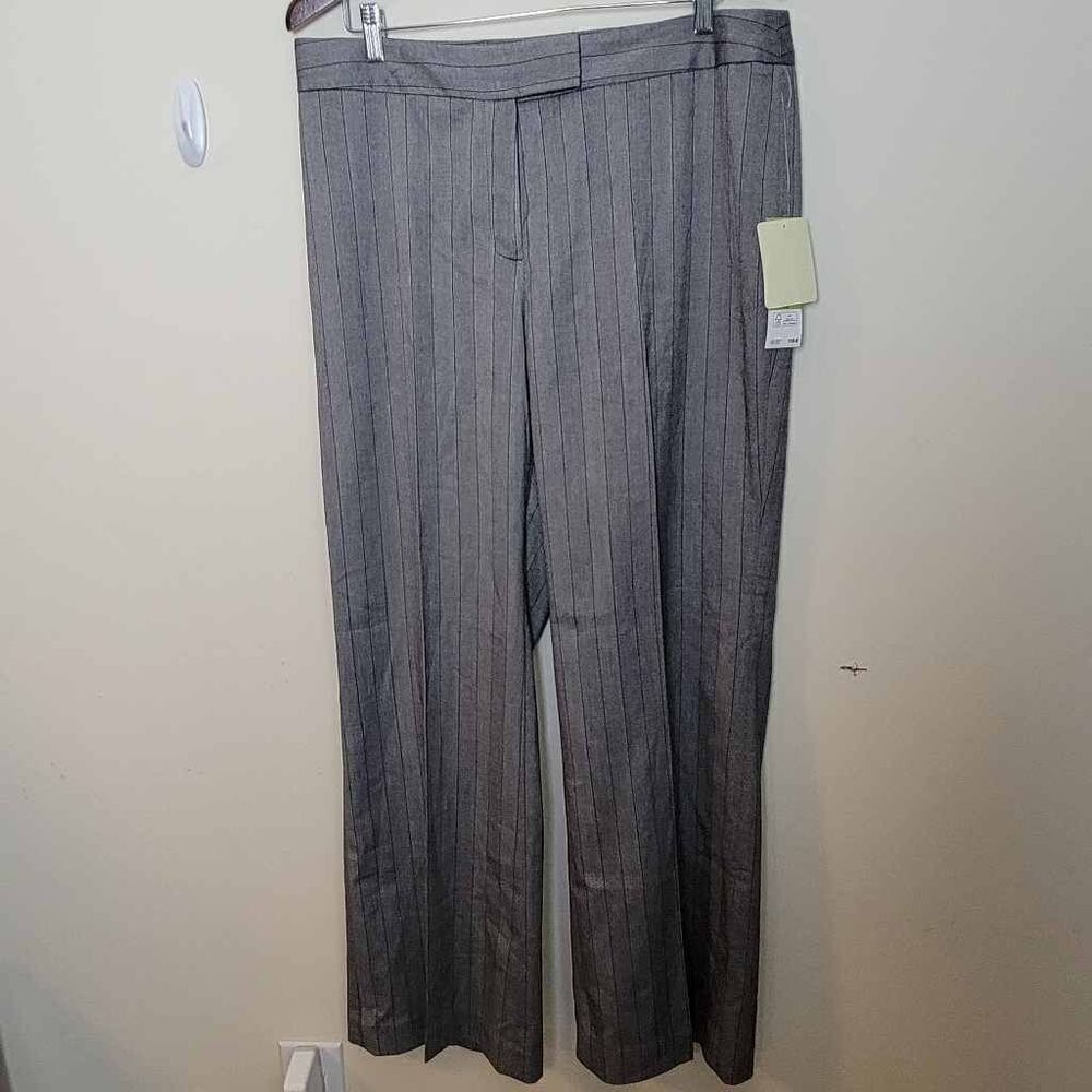 Anne Klein Stretch Career Wide Leg Pants Trousers Grey Pinstripes 14